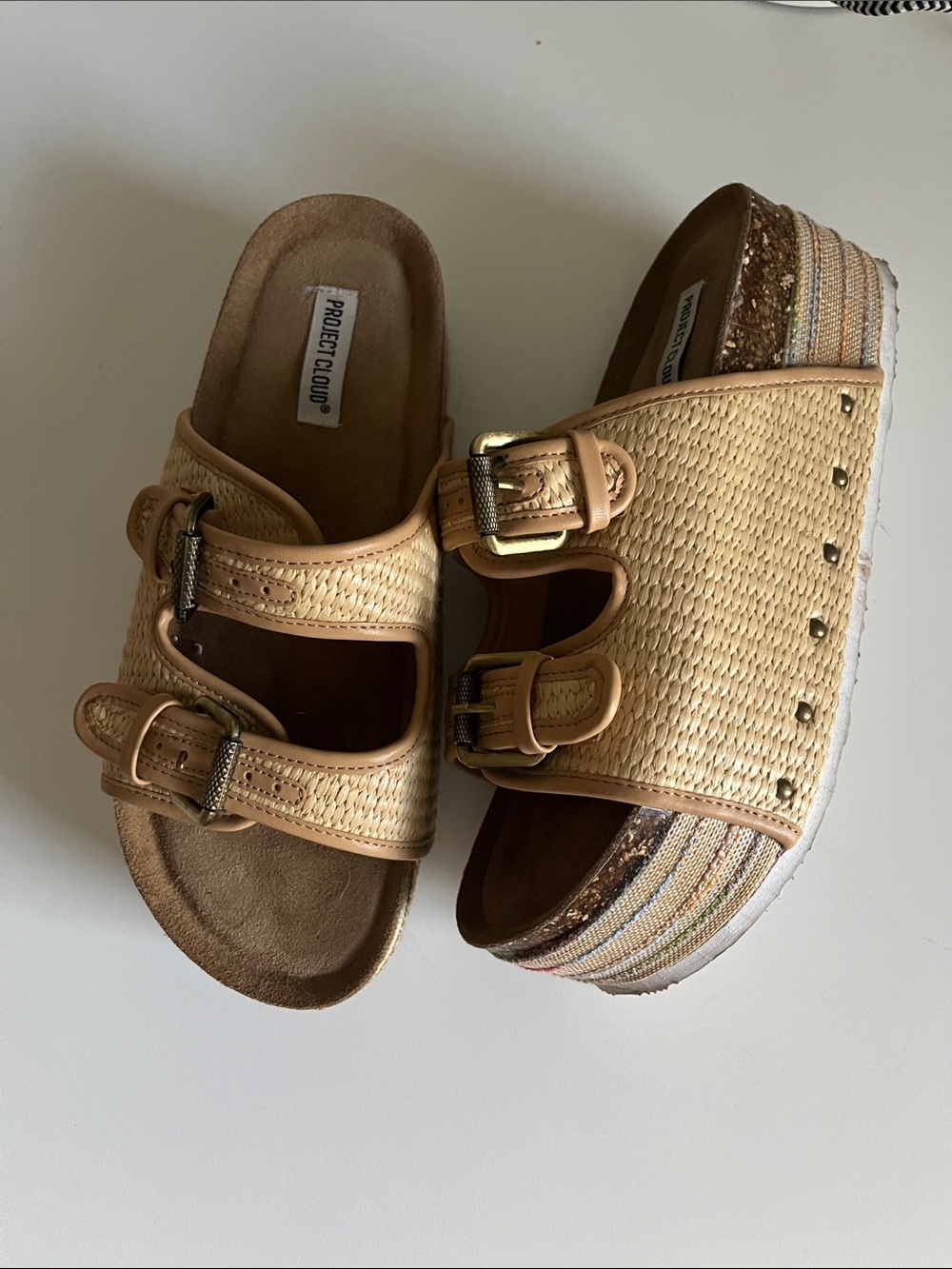 Project Cloud Tan Woven Platform Slide Sandals